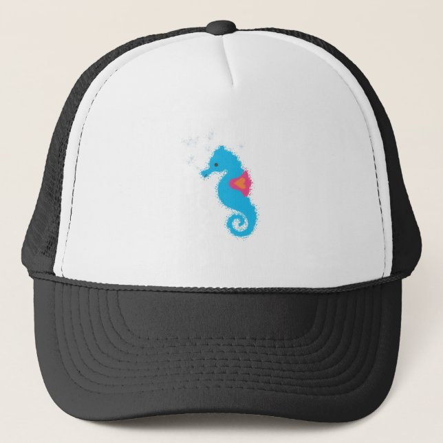 Blue Seahorse Cartoon Trucker Hat (Front)