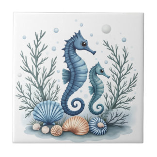 Blue Seahorse Ceramic Tile