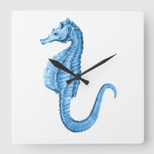 Blue seahorse coastal nautical ocean beach square wall clock