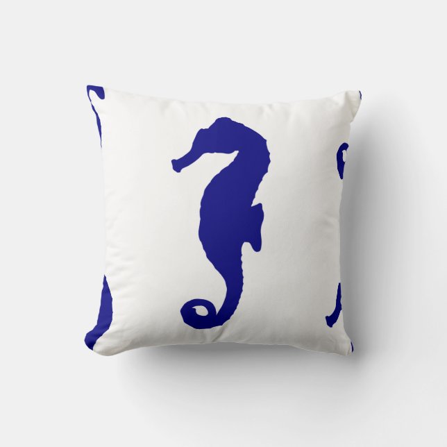 Blue Seahorse Coastal Pattern Throw Pillow (Front)