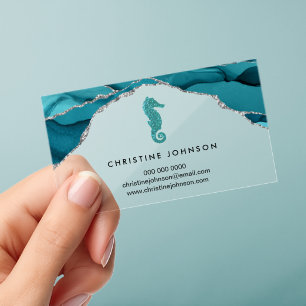 blue seahorse design clear business cards