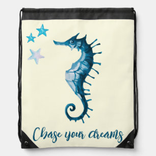 Blue Seahorse Inspirational Quote about Dreams Drawstring Bag