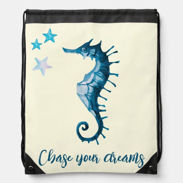 Blue Seahorse Inspirational Quote about Dreams Drawstring Bag (Front)