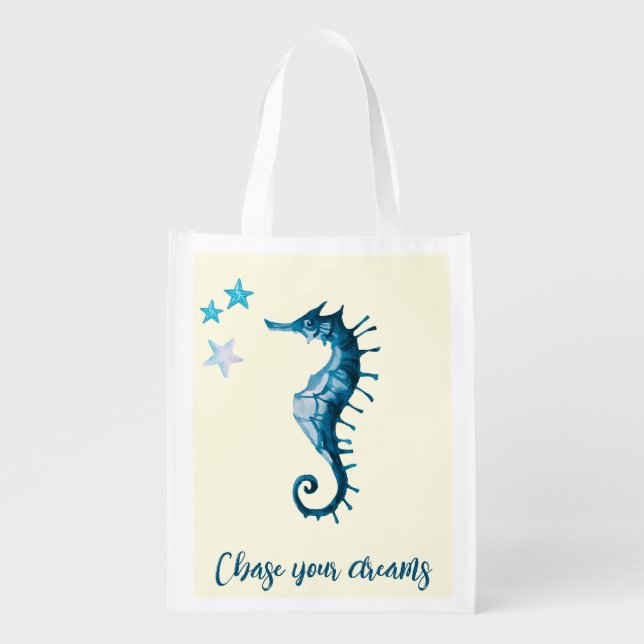 Blue Seahorse Inspirational Quote about Dreams Grocery Bag (Front)