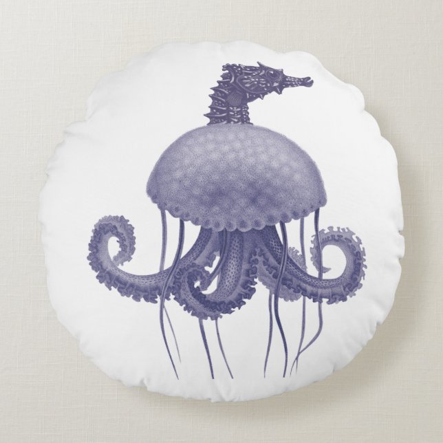 BLUE SEAHORSE JELLYFISH  ROUND PILLOW (Front)