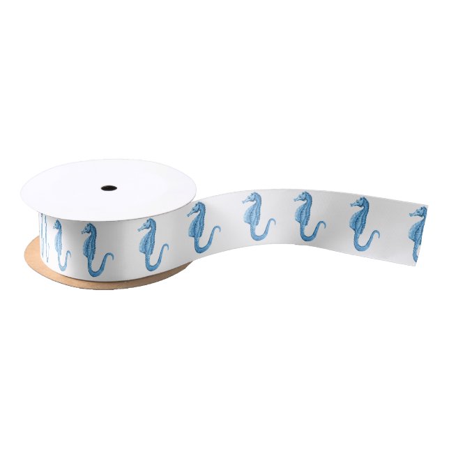 Blue seahorse nautical coastal ocean beach satin ribbon (Spool)