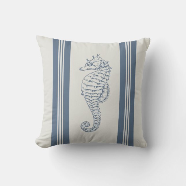 Blue Seahorse Nautical Stripes Throw Pillow (Front)