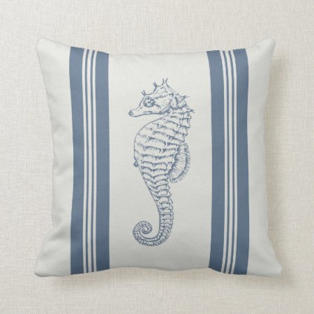 Blue Seahorse Nautical Stripes Throw Pillow
