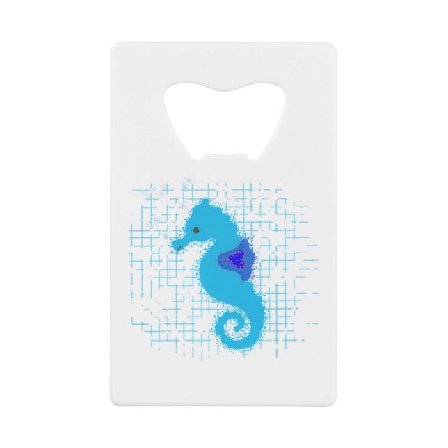 Blue Seahorse On Distressed Background Credit Card Bottle Opener (Front)