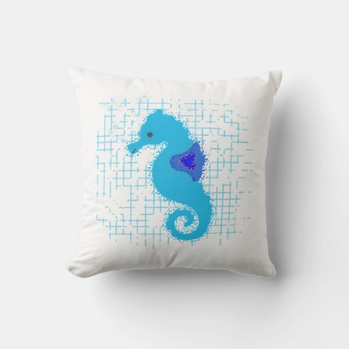 Blue Seahorse On Distressed Background Throw Pillow