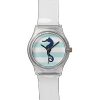 Blue Seahorse on Mint and White Nautical Stripes Watch