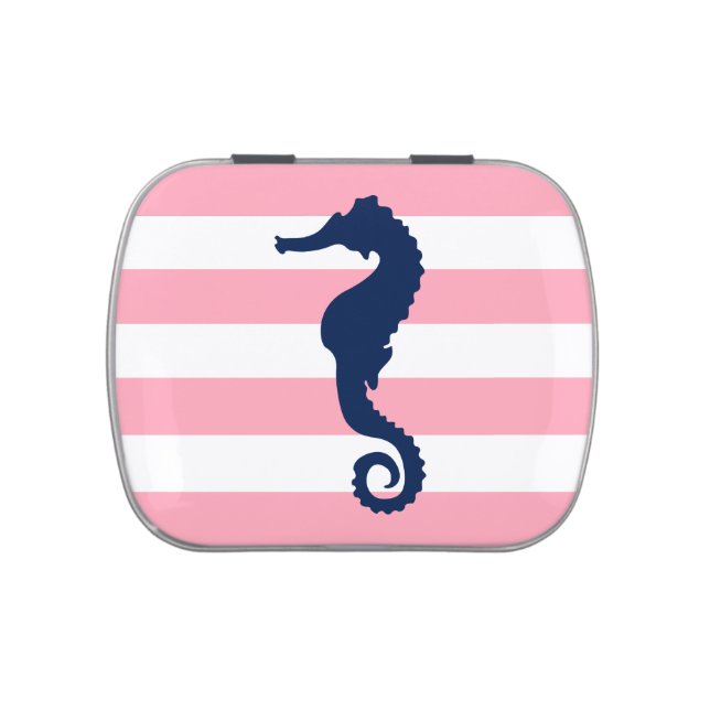 Blue Seahorse on Pink Stripes Candy Tin (Top)