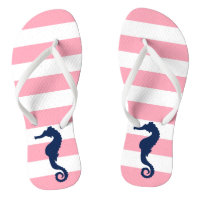 Blue Seahorse on Pink Stripes Flip Flops