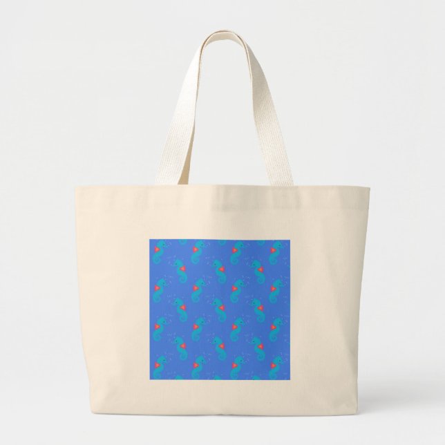 Blue Seahorse Pattern Large Tote Bag (Front)
