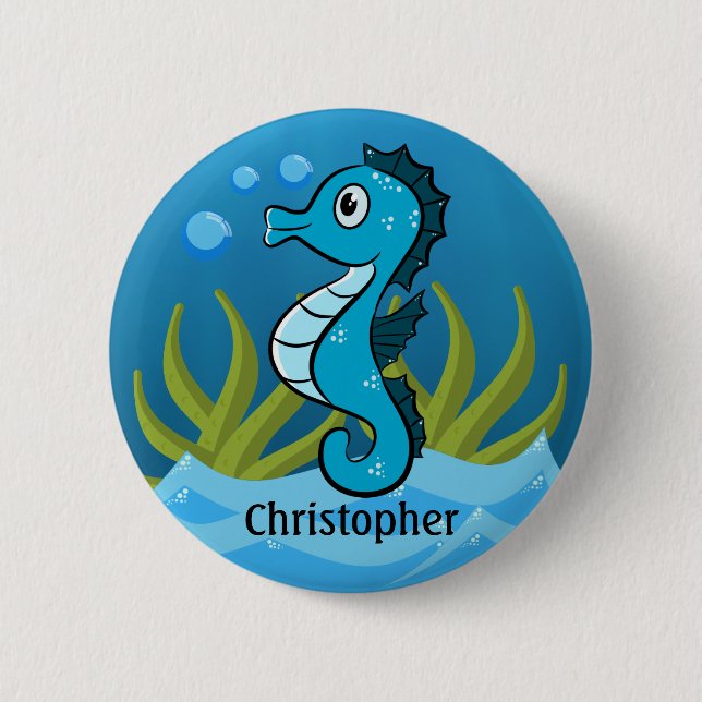Blue Seahorse Personalized  Button (Front)