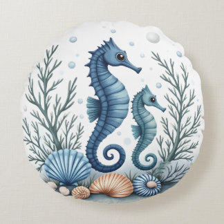 Blue Seahorse Round Pillow