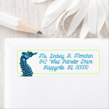 Blue Seahorse Script Return Address Labels by millhill at Zazzle
