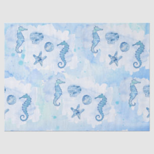 Blue Seahorse Starfish Sea Shells Watercolor Wash Tissue Paper