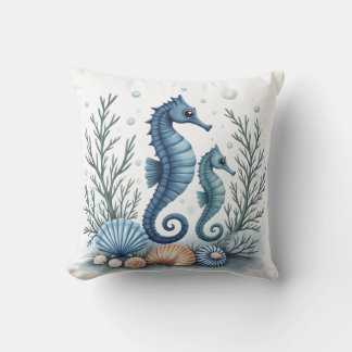Blue Seahorse Throw Pillow