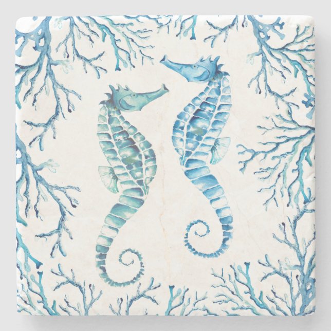 Blue Seahorse Tropical Fish Stone Coaster (Front)