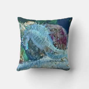 Blue Seahorse Underwater Coral Reef Throw Pillow