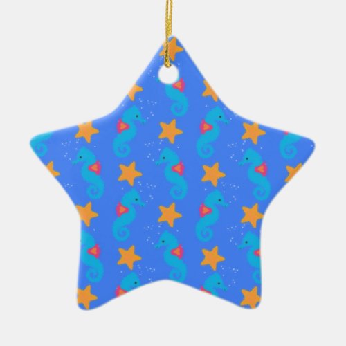 Blue Seahorses And Starfish Pattern Ceramic Ornament