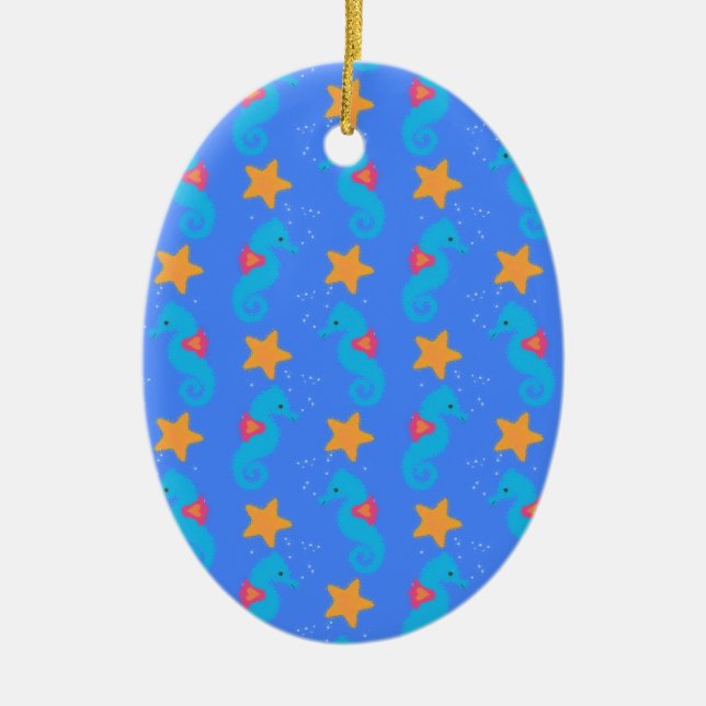 Blue Seahorses And Starfish Pattern Ceramic Ornament (Front)