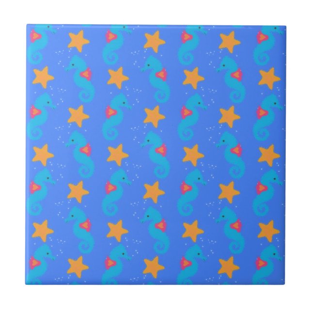 Blue Seahorses And Starfish Pattern Ceramic Tile (Front)