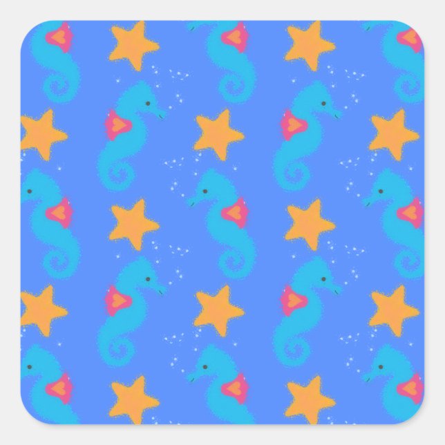 Blue Seahorses And Starfish Pattern Square Sticker (Front)