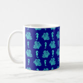 Coastal Blue Seahorse and Coral Watercolor Coffee Mug