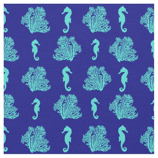 Blue Seahorses Coastal Beach Fabric