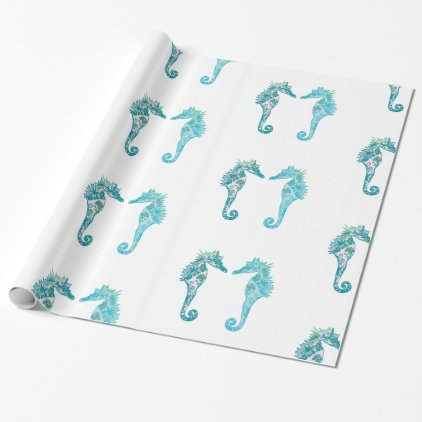 Blue seahorses Whimsical Glossy Wrapping Paper