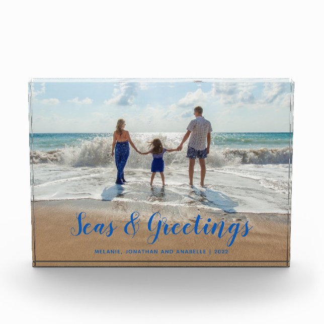 Blue Seas and Greetings Beach Christmas Photo Block (Front)