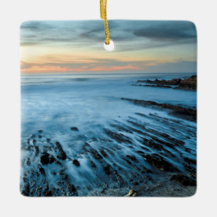 Blue seascape at sunset, California Ceramic Ornament