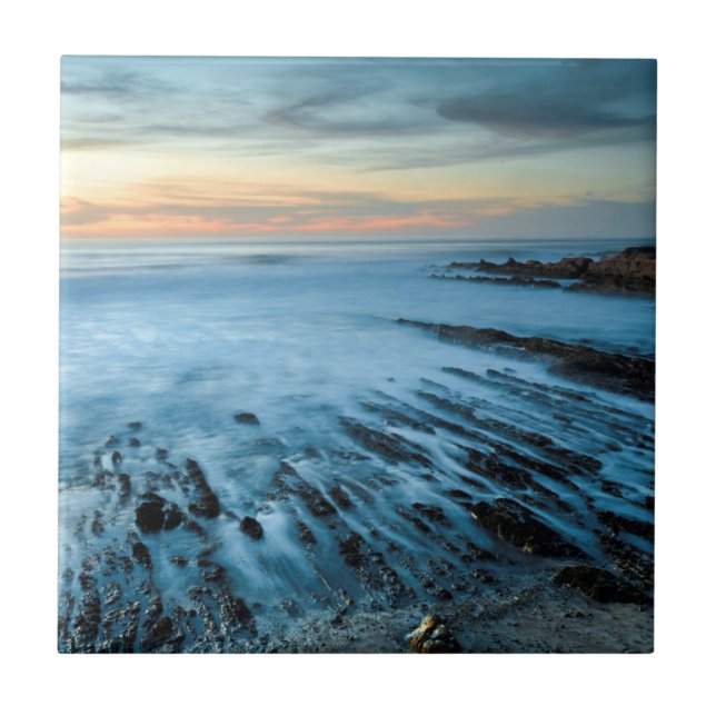 Blue seascape at sunset, California Tile (Front)