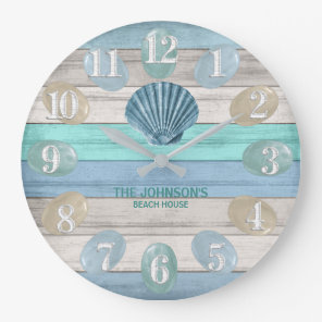 Blue Seashell and Beach Wood Nautical - Blue Teal  Large Clock