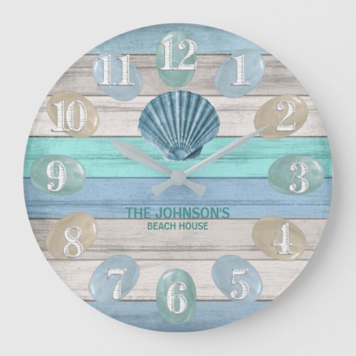 Blue Seashell and Beach Wood Nautical _ Blue Teal  Large Clock