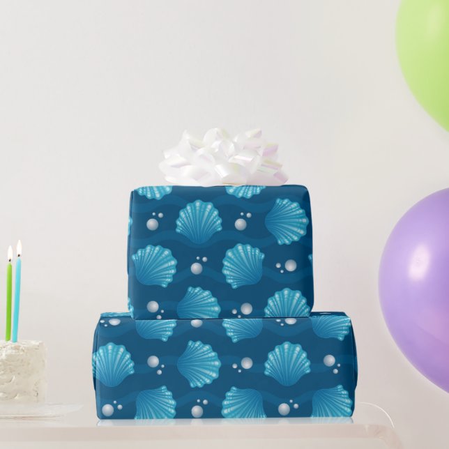 Blue Seashell And Sea Pearls  Wrapping Paper (Party Gifts)