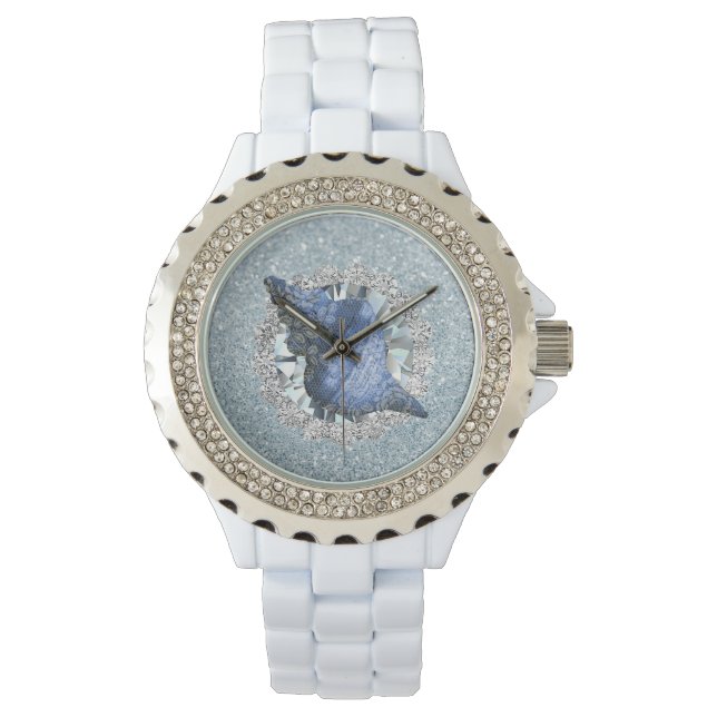 Blue Seashell Aquamarine Jewel Faux Glitter Watch (Front)
