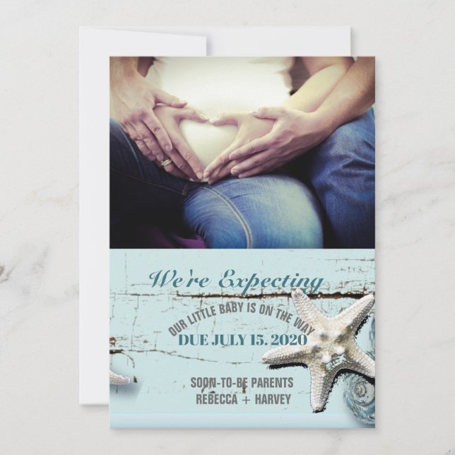 blue seashell beach Photo Pregnancy Announcement (Front)