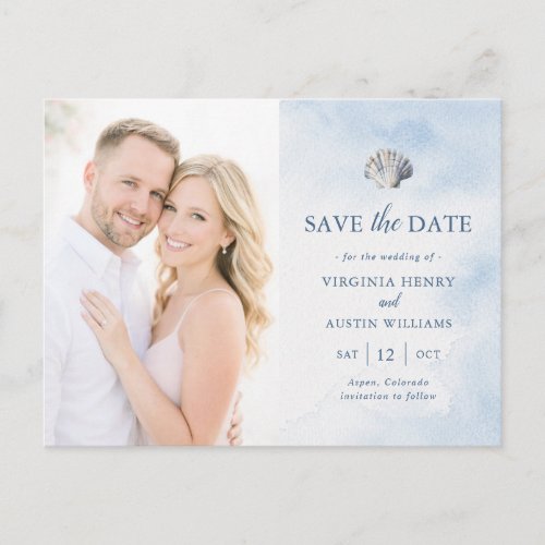 Blue Seashell Beach Save the Date Postcard
