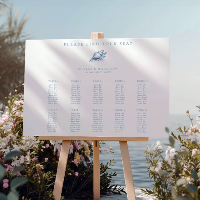 Blue Seashell Beach Wedding 10 Tables Seating Plan Foam Board (Creator Uploaded)
