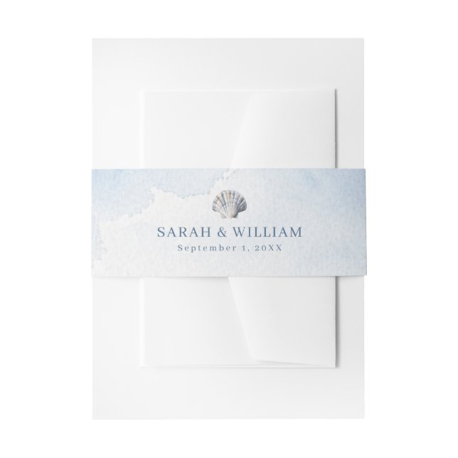 Blue Seashell Beach Wedding Invitation Belly Band (Front Example)