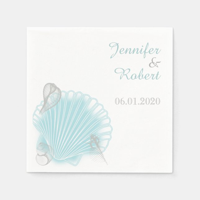 Blue Seashell Beach Wedding Napkin (Front)