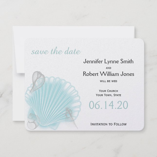 Blue Seashell Beach Wedding Save the Date (Front)