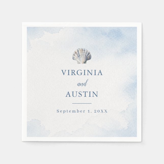 Blue Seashell Coastal Beach Wedding Napkins (Front)