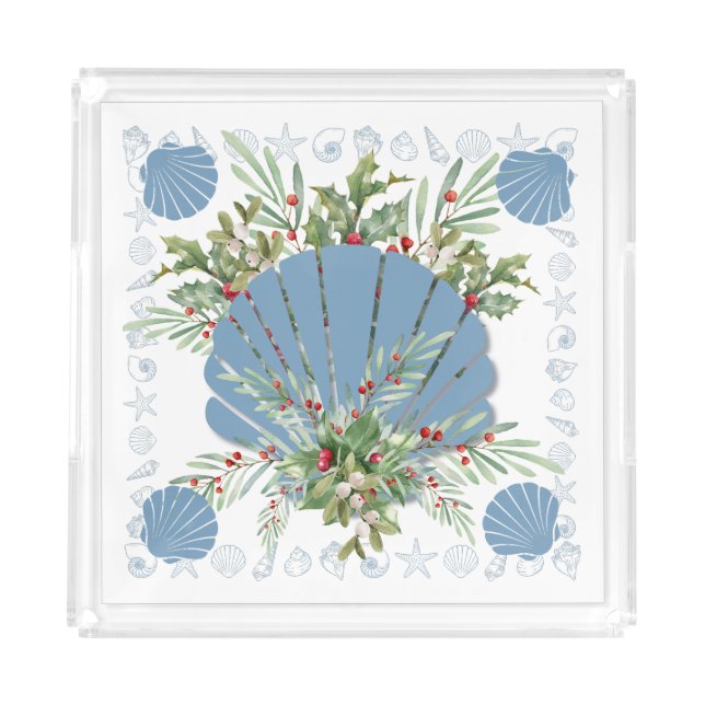 Blue Seashell Coastal Christmas Acrylic Tray (Front)