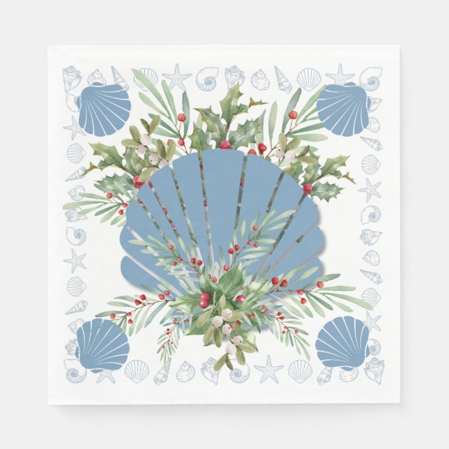 Blue Seashell Coastal Christmas Napkins (Front)