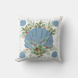 Blue Seashell Coastal Christmas Throw Pillow