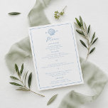 Blue Seashell Coastal Wedding Menu Card<br><div class="desc">Elegant coastal wedding menu card for beach weddings,  destination receptions,  and oceanfront estate celebrations. This blue and white seashell design blends minimalist coastal style with classic preppy charm,  making it perfect for couples planning a refined summer sea wedding with timeless nautical details.</div>